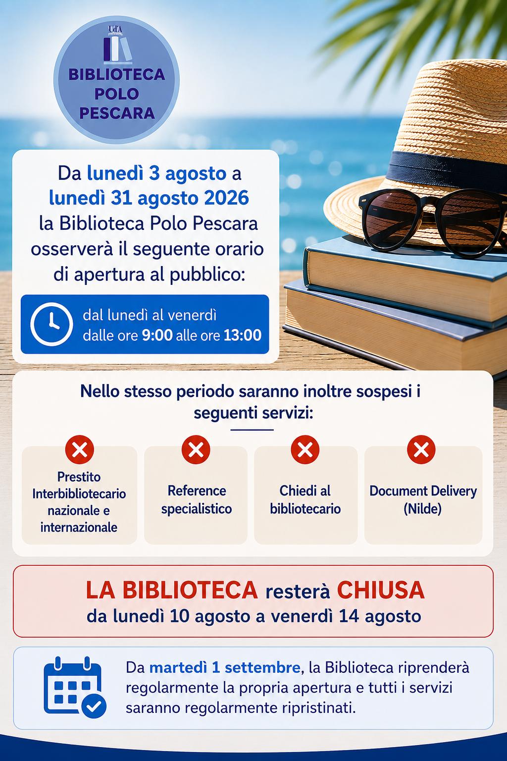Biblioteca Polo Pescara - Orario estivo e sospensione servizi
